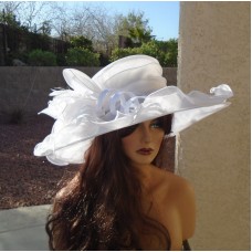 White kentucky derby bride formal dress fancy wedding hat wide brim feathers  eb-52578544